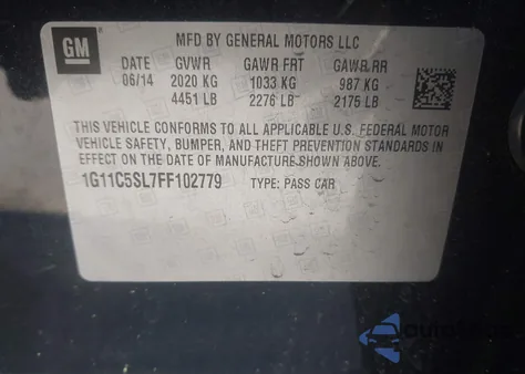 2015 Chevrolet Malibu 1Lt из США, поврежденный, VIN 1G11C5SL7FF102779